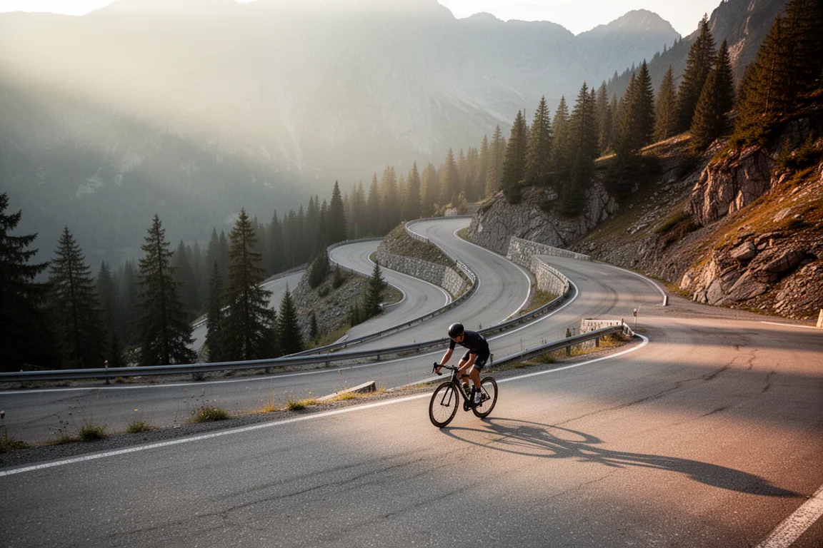 Road cyclist climbing a steep alpine switchback road in early morning light