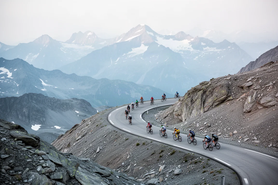 Small group of cyclists strung out on a narrow alpine summit road above the treeline