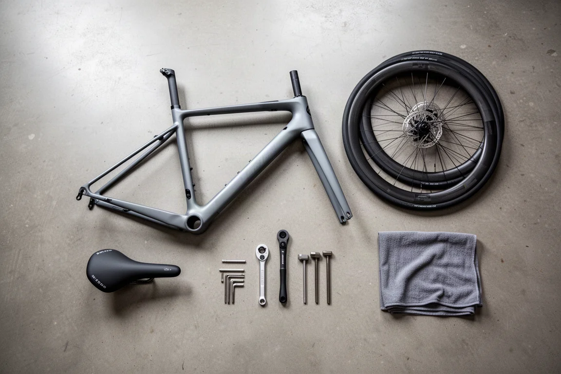 Flat-lay of a lightweight road bike build with wheels, saddle and tools on concrete