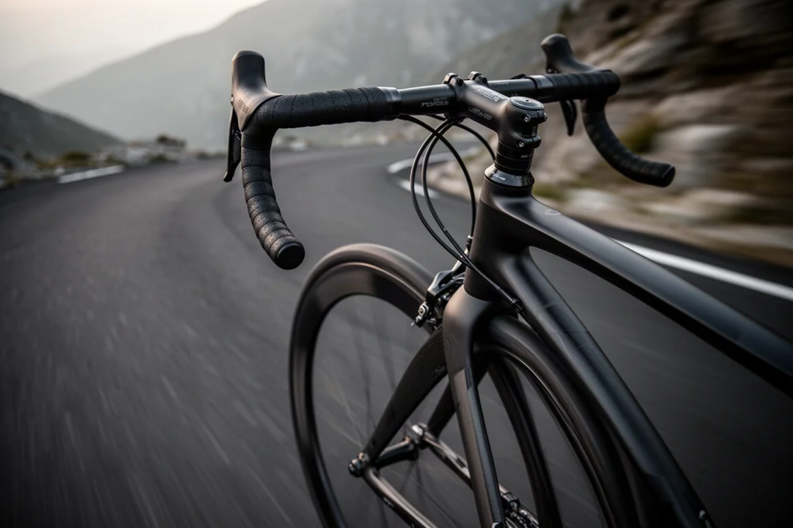 Close-up of a road bike front wheel and handlebar on a fast mountain descent