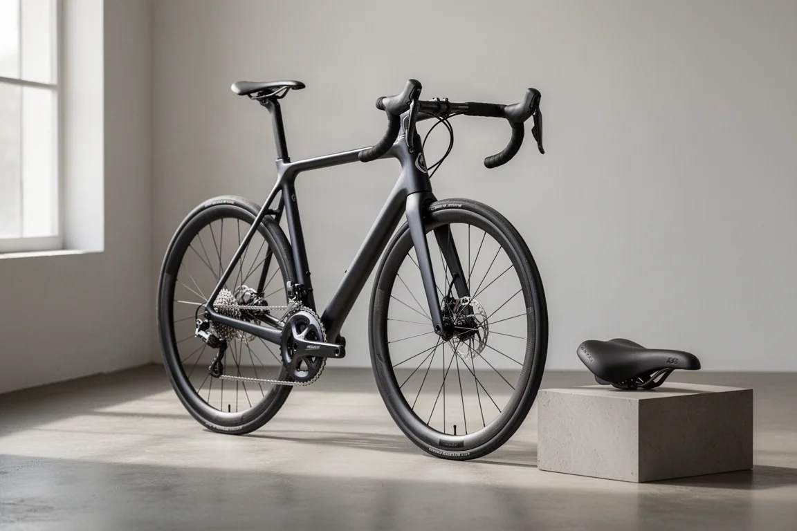 Lightweight road bike with shallow carbon wheels beside a compact black 3D printed saddle