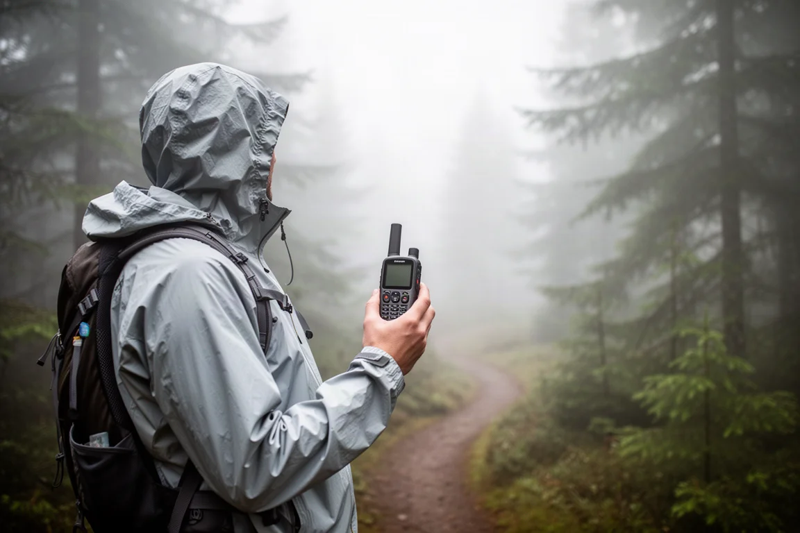 Wandelaar met een kleine satellietcommunicator op een mistig bospad