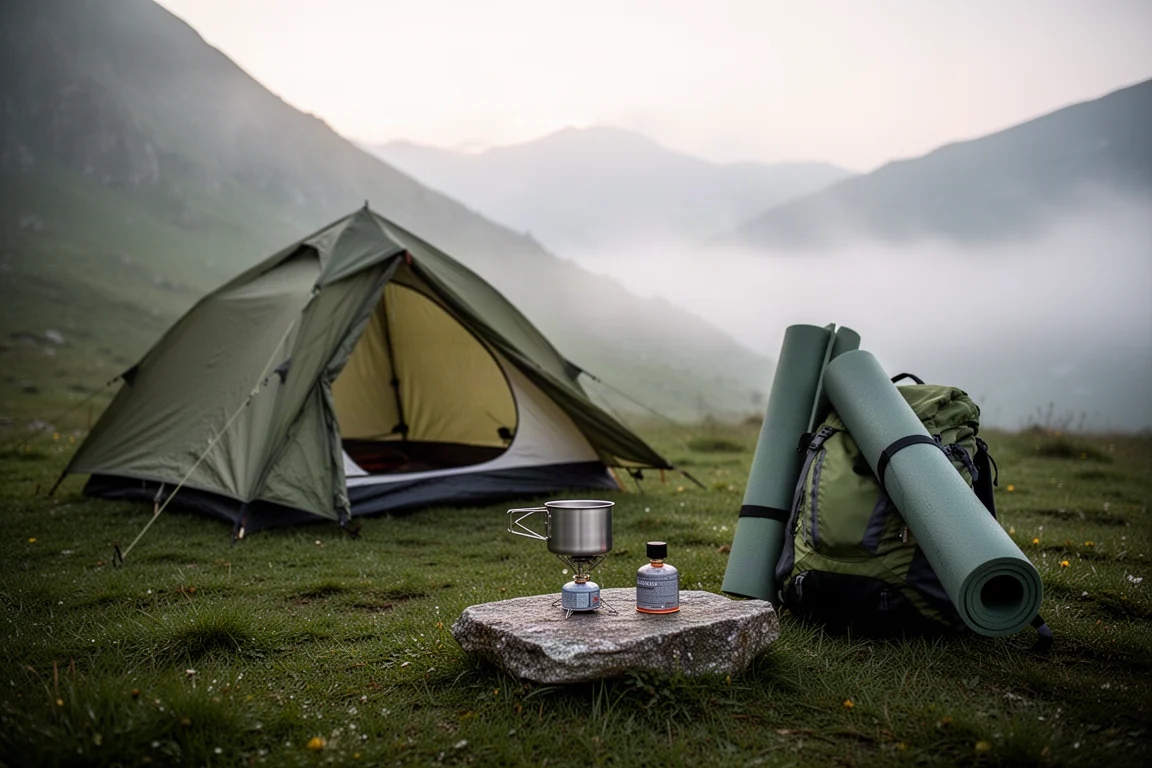 Spring campsite at dawn with a pitched tent, cook pot, stove, and foam mat