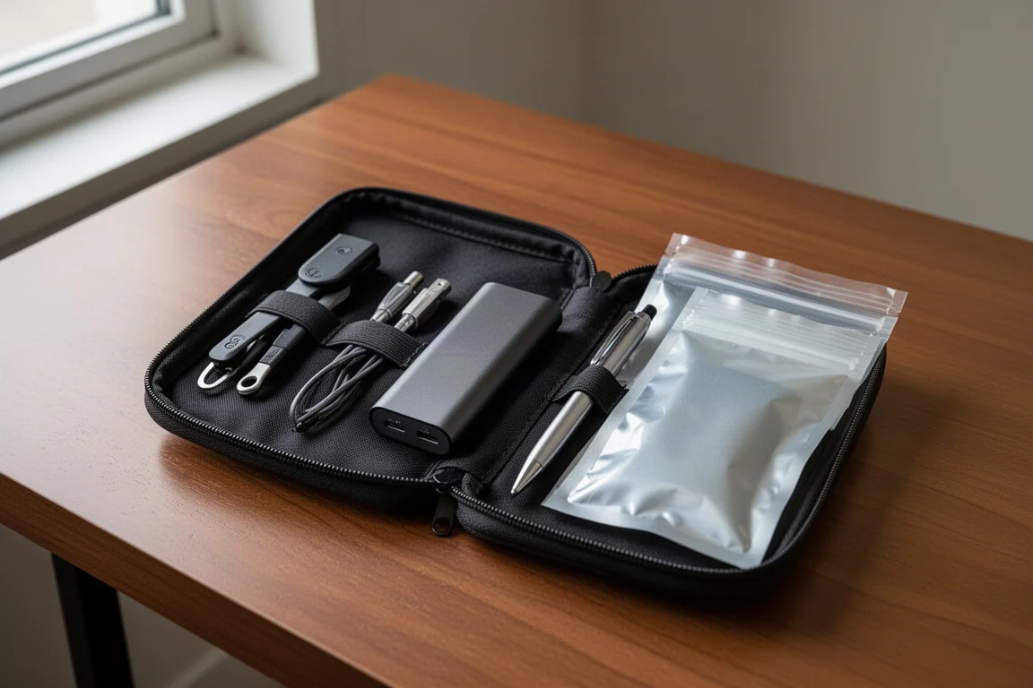 Klein tui van ballistisch nylon plat opengevouwen met inhoud in twee rijen