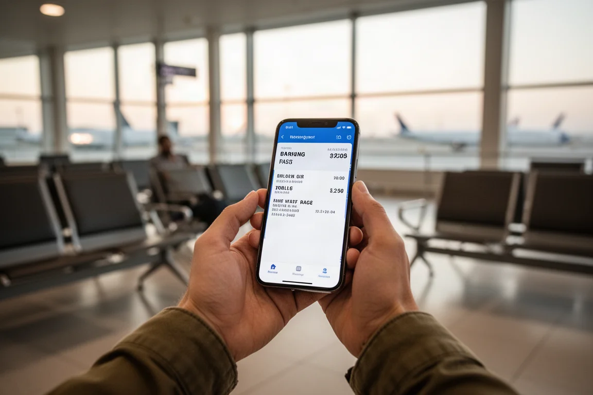 Reiziger controleert boarding pass op een telefoon bij een vliegveldgate