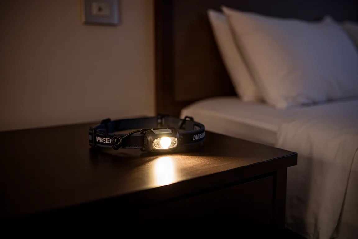 Koplampstraal snijdt door de duisternis in een donkere hotelgang