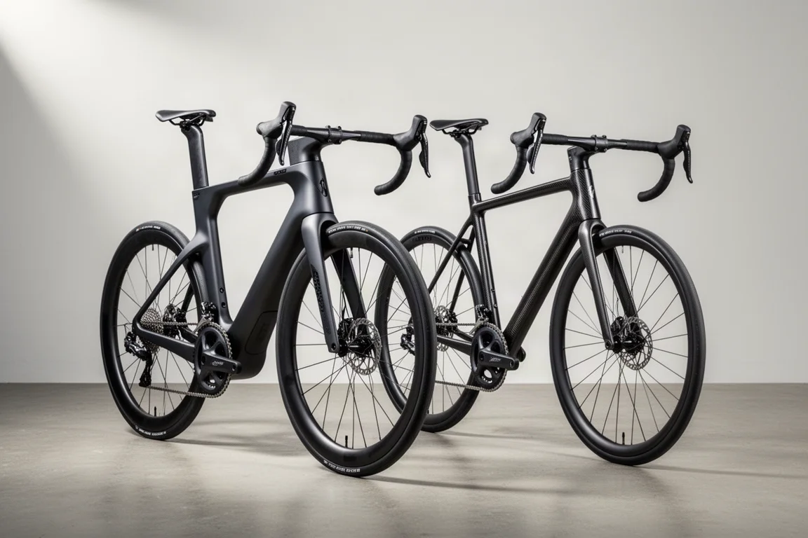 Due bici da strada affiancate su un pavimento in cemento, una aerodinamica e una leggera