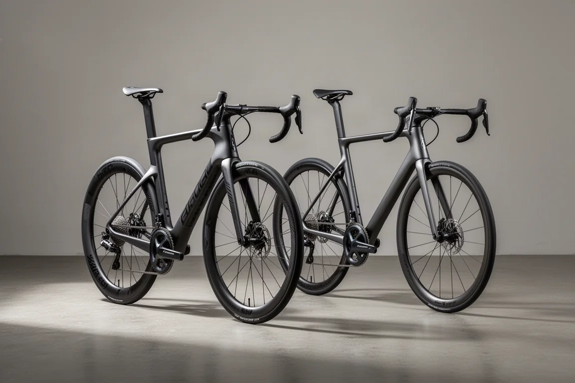 Twee carbon racefietsen naast elkaar op een betonnen vloer, één aero en één licht