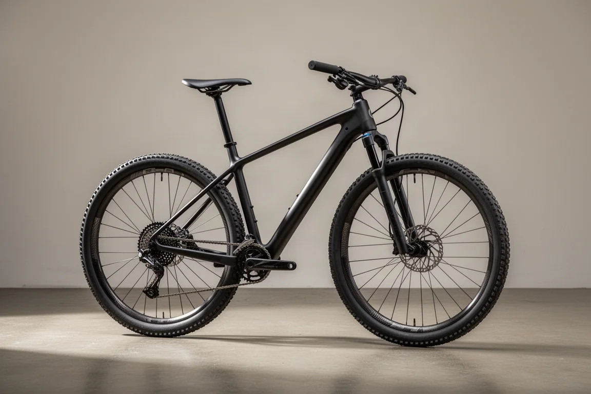 Carbon cross-country hardtail mountain bike in profile on a concrete studio floor