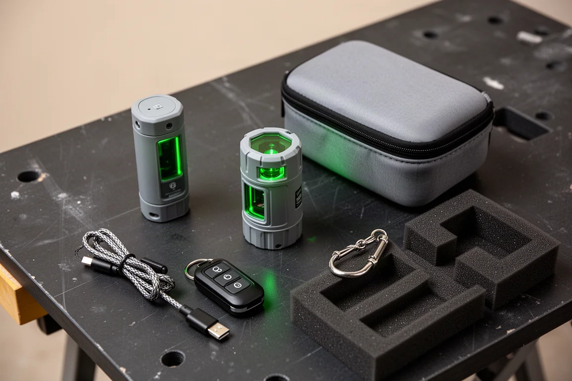 Kit de nivel láser con estuche blando, cable USB-C y pequeño mando a distancia sobre un banco de trabajo