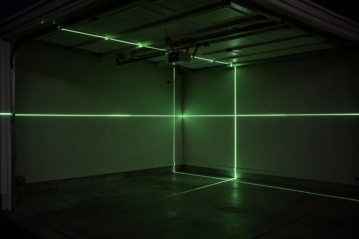 Líneas láser verdes proyectadas en una pared oscura de garaje y el techo, brillantes y nítidas