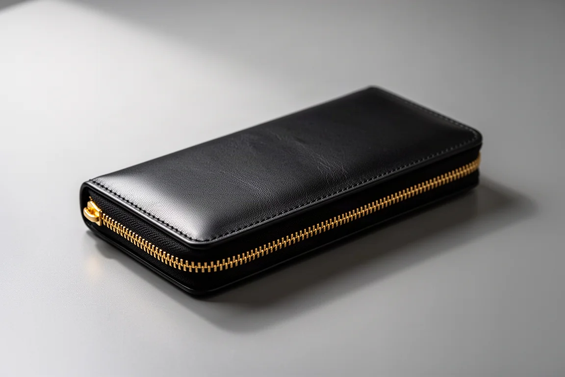 Astuccio da penna nero a forma di libro chiuso con cerniera dorata su una scrivania essenziale