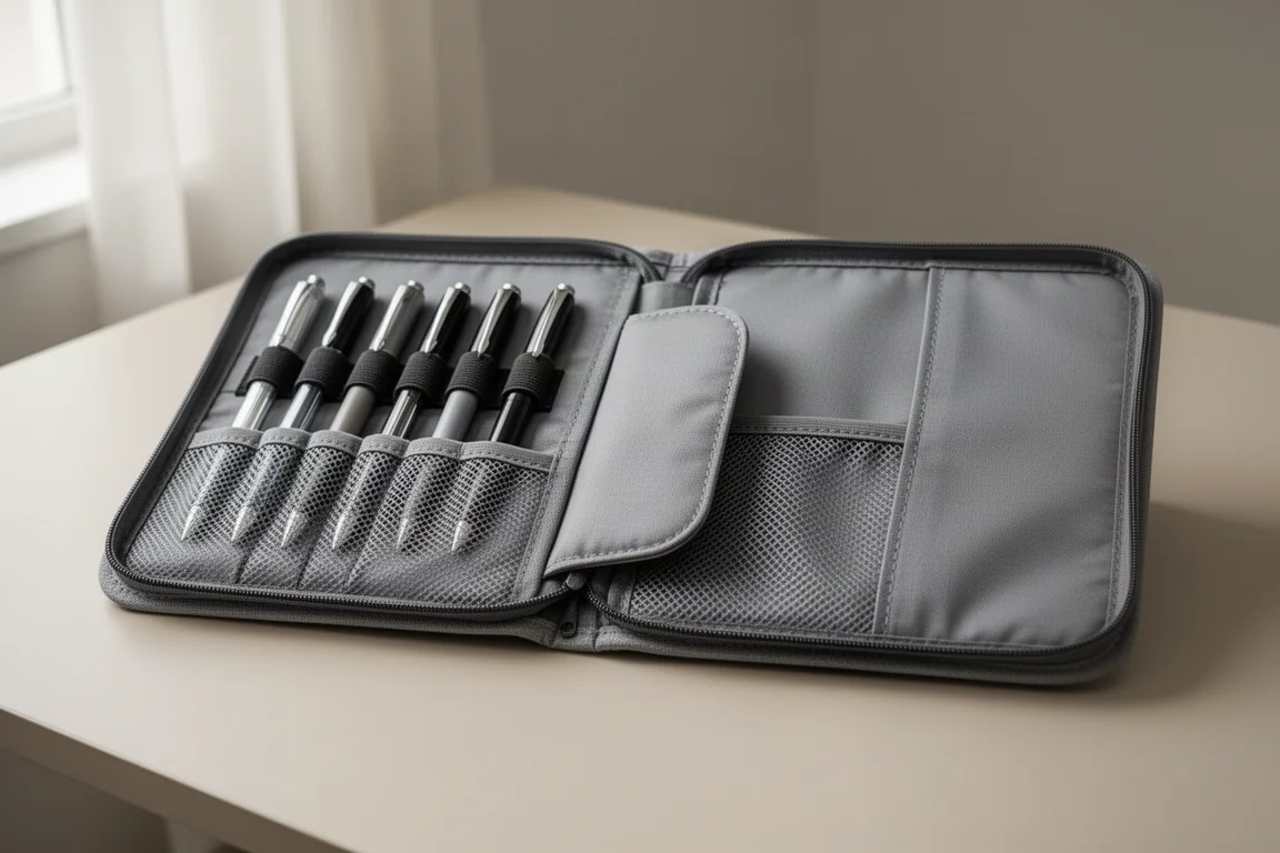 Astuccio da penna aperto in posizione piatta a 180 gradi con penne visibili negli elastici