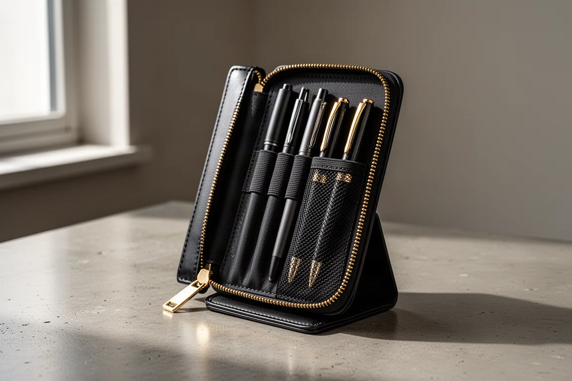 Astuccio da penna nero a forma di libro aperto in posizione verticale con cerniera dorata e penne in ordine