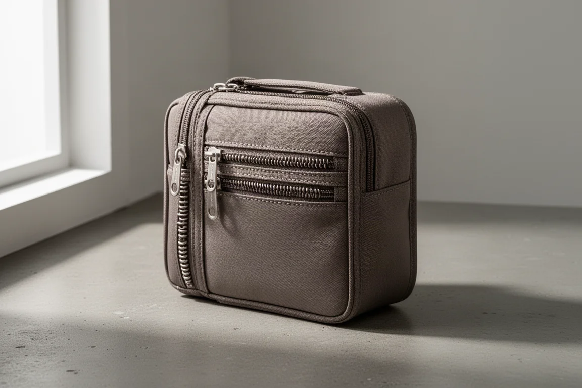 Portapenne in nylon spesso e strutturato con tasche a zip su una superficie in cemento