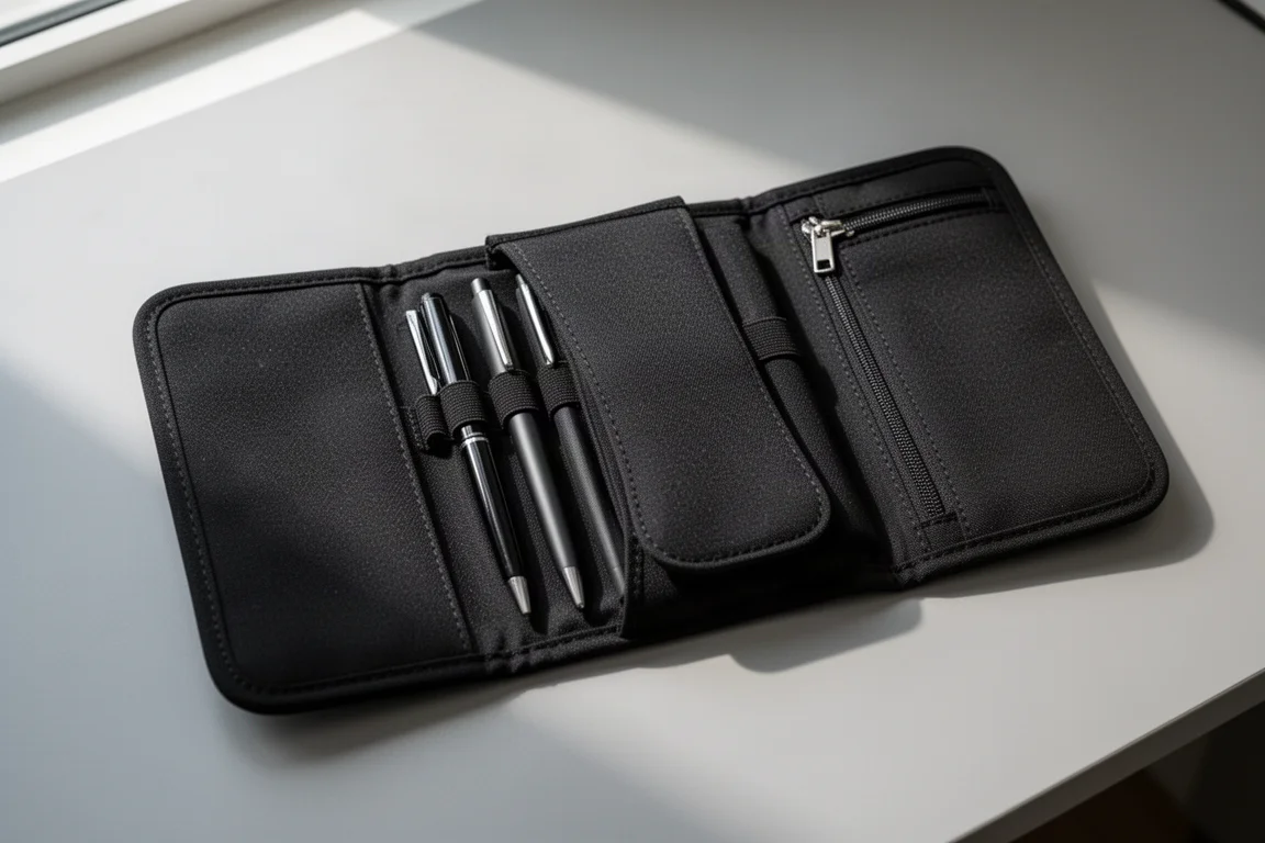 Interieur van een opvouwbare pennenzak met elastische pennenhouders en een beschermende klep