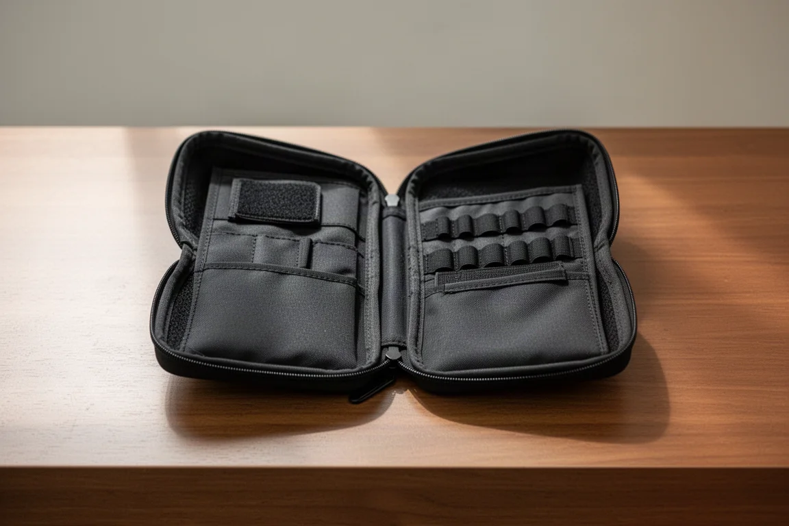 Matte black pen case lying open flat on a desk showing butterfly-style layered interior