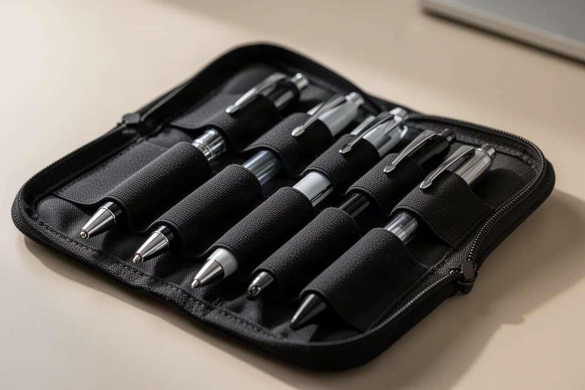 Close-up of elastic pen loops holding several pens inside an open pen case