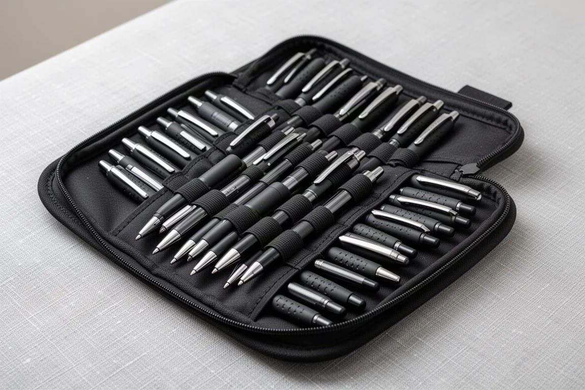 Open pen case packed with a large number of pens to demonstrate capacity