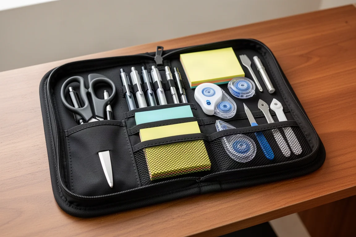 Open pen case filled with assorted stationery such as scissors, sticky notes, and correction tape