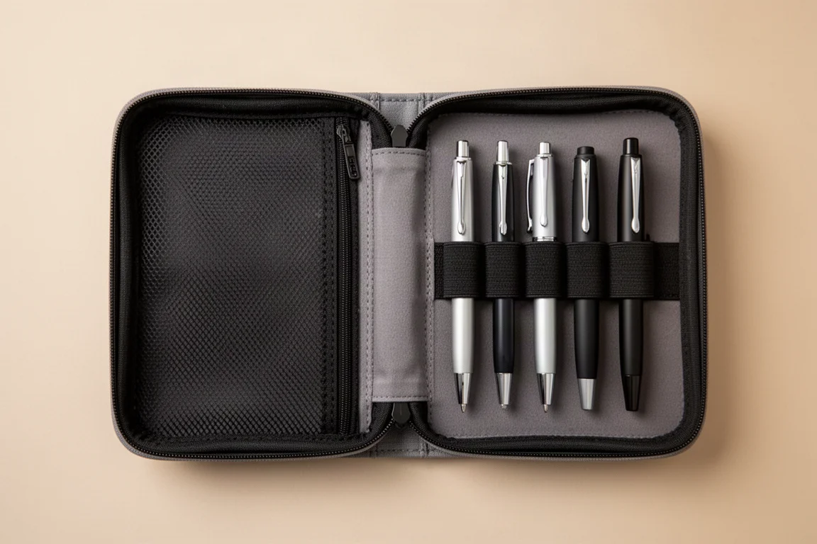 Innenansicht eines Pen Case mit Netzfach und elastischen Stifthaltern