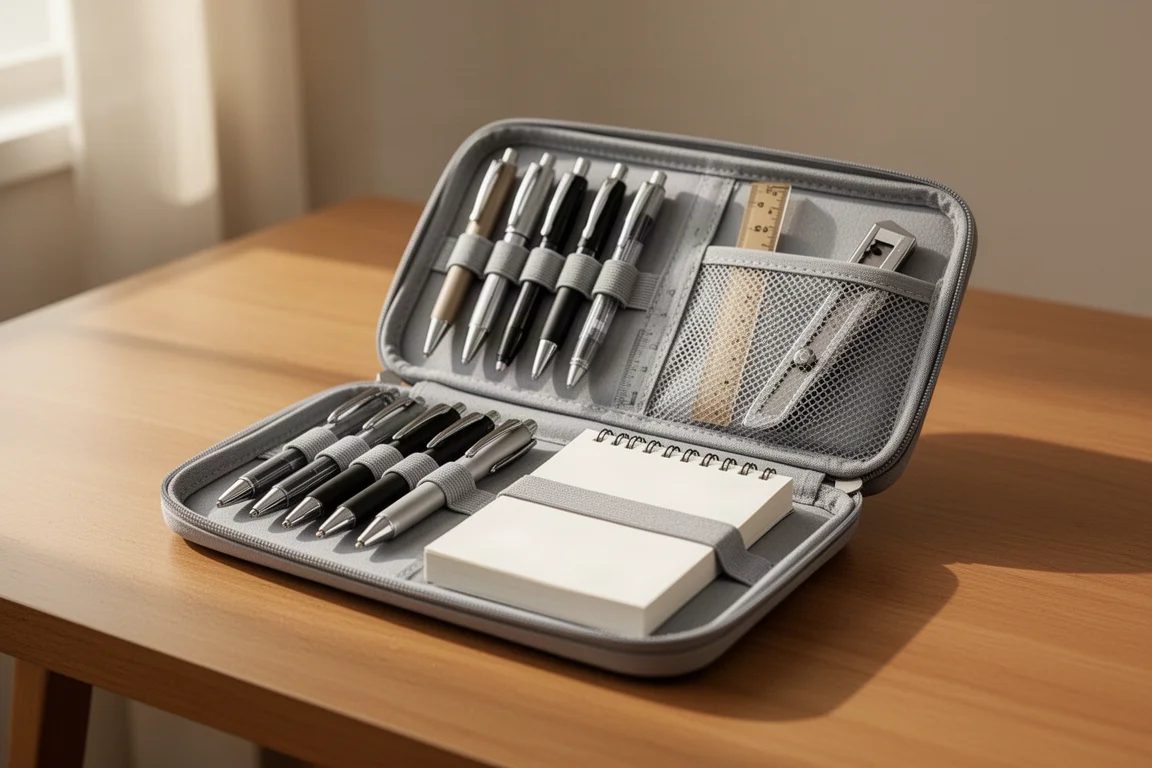 Geöffnetes Pen Case komplett gepackt mit Stiften, Notizblock und kleinen Schreibutensilien