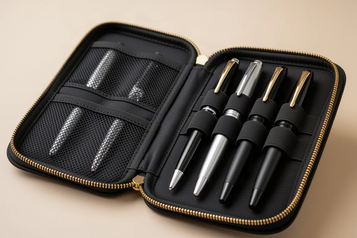 Innenansicht eines Federmäppchens mit Netzertaschen, elastischen Stifthaltern und Polsterschlaufen