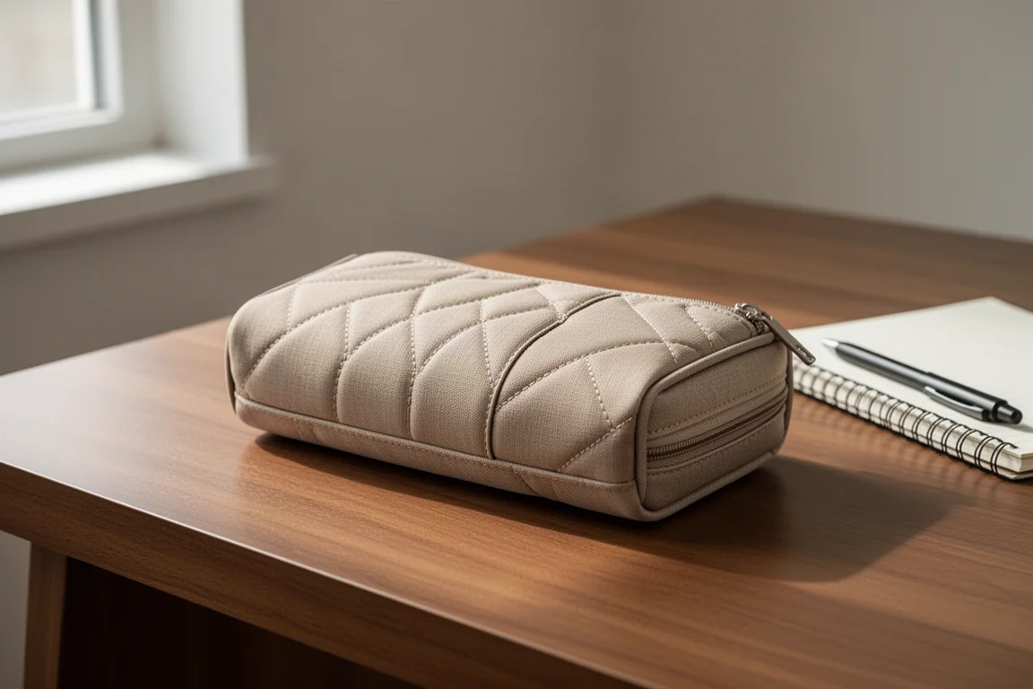 Een beige gevoerde pennenkoker, gesloten, liggend op een houten bureau in zacht daglicht