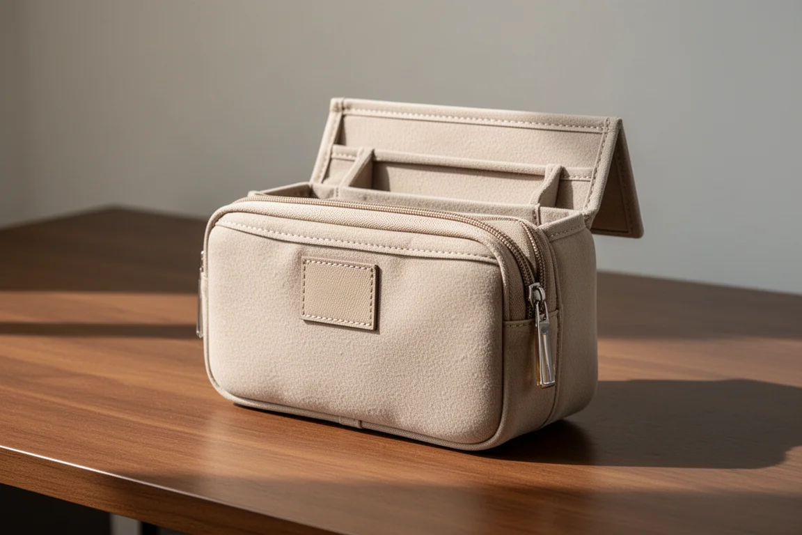 Un astuccio a vaschetta beige e imbottito, semiaperto, su una scrivania in legno