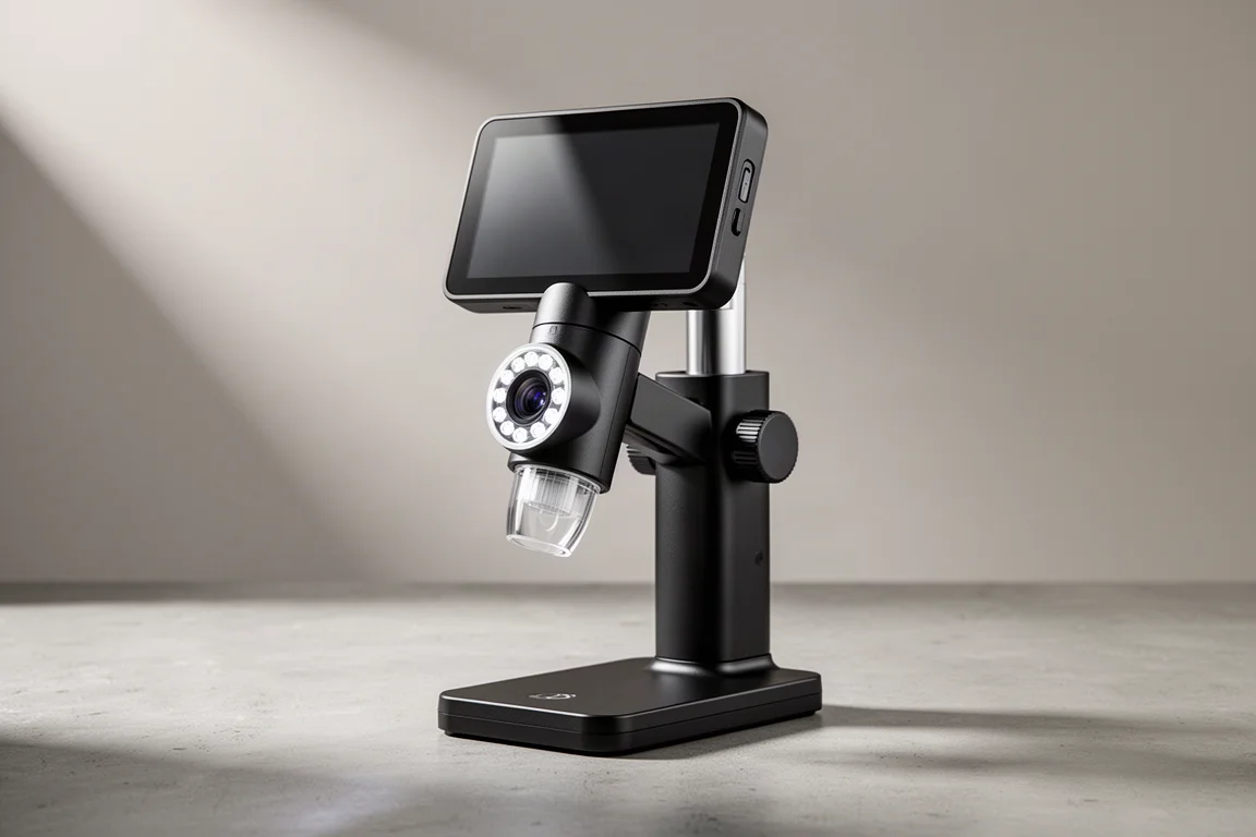 Microscopio digitale Limalink con schermo integrato e luci LED su una superficie di cemento