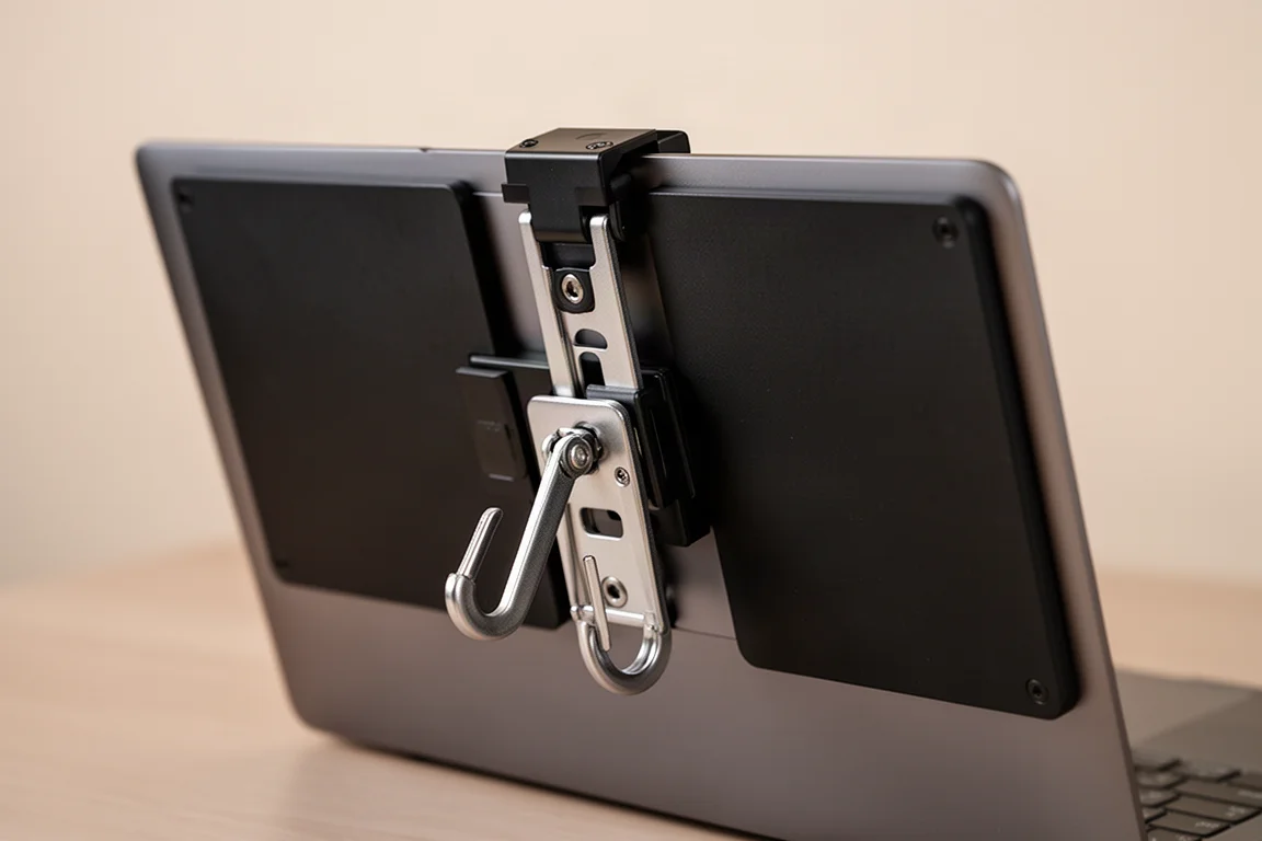 Tragbare Monitorpaneele gefaltet und an der Rückseite eines Laptops eingeklemmt