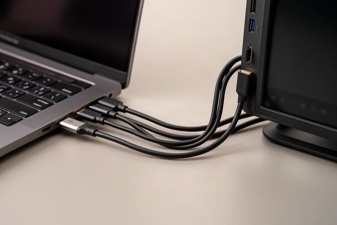 Kabel hinter einem Laptop verlegt und mit den Anschlüssen der Seitenmonitore verbunden