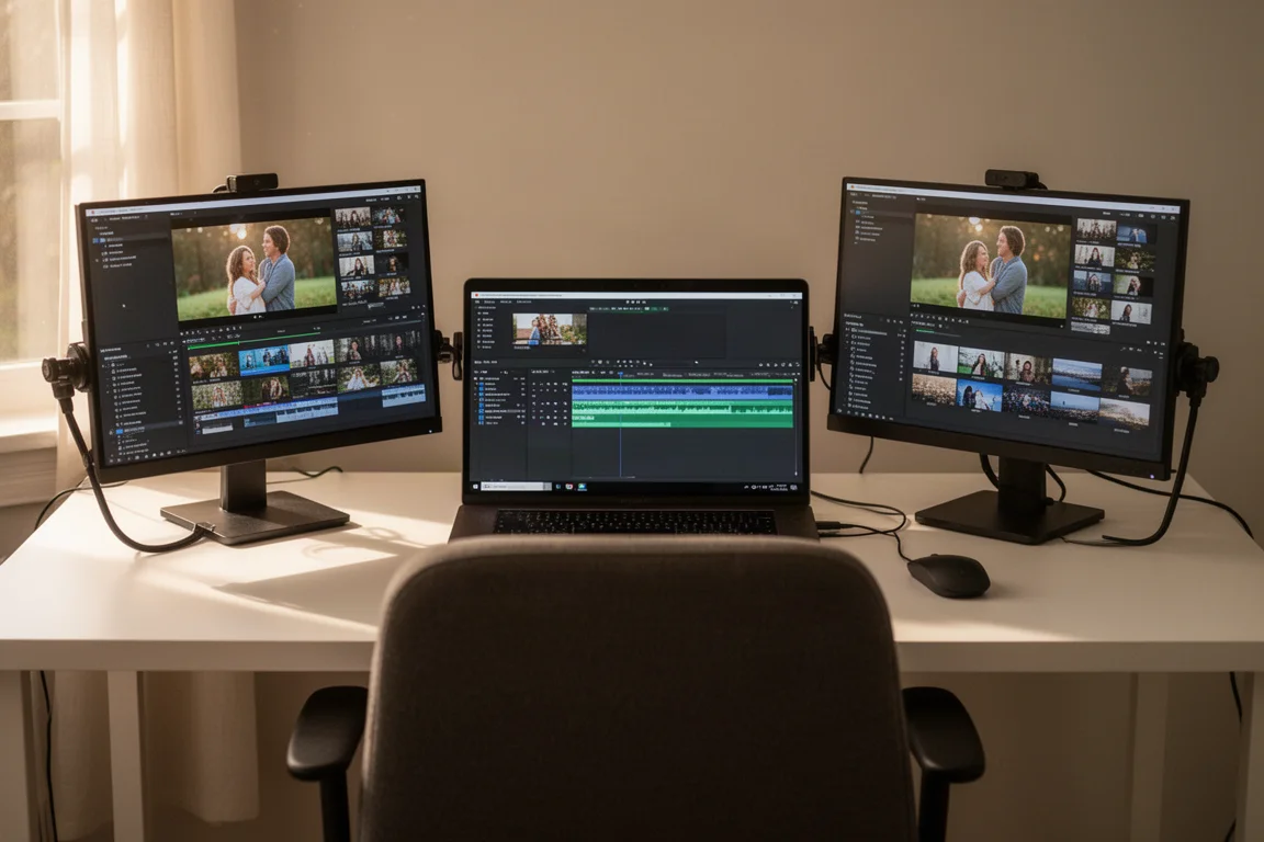 Triple-Monitor-Setup mit einem Videoschnitt-Workflow über drei Bildschirme