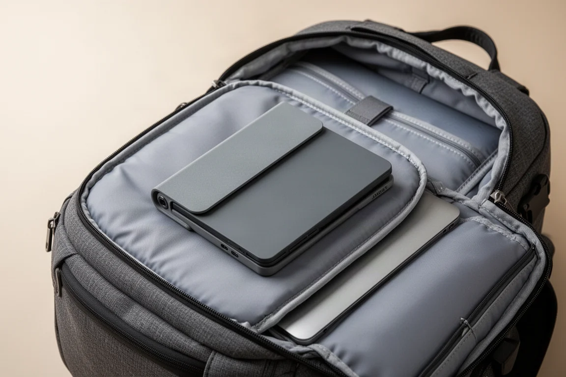 Zusammengeklappte tragbare Monitoreinheit gleitet in ein Laptopfach in einem Rucksack