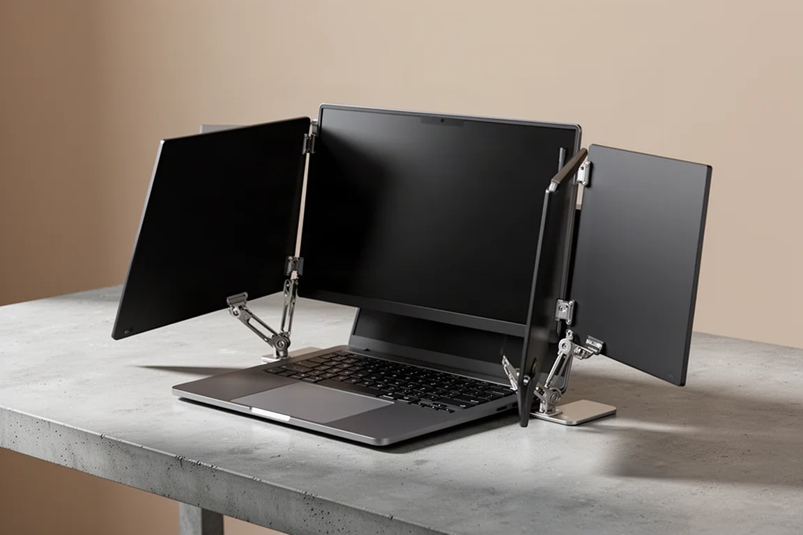 Configurazione tripla portatile attaccata a un laptop su una scrivania in cemento