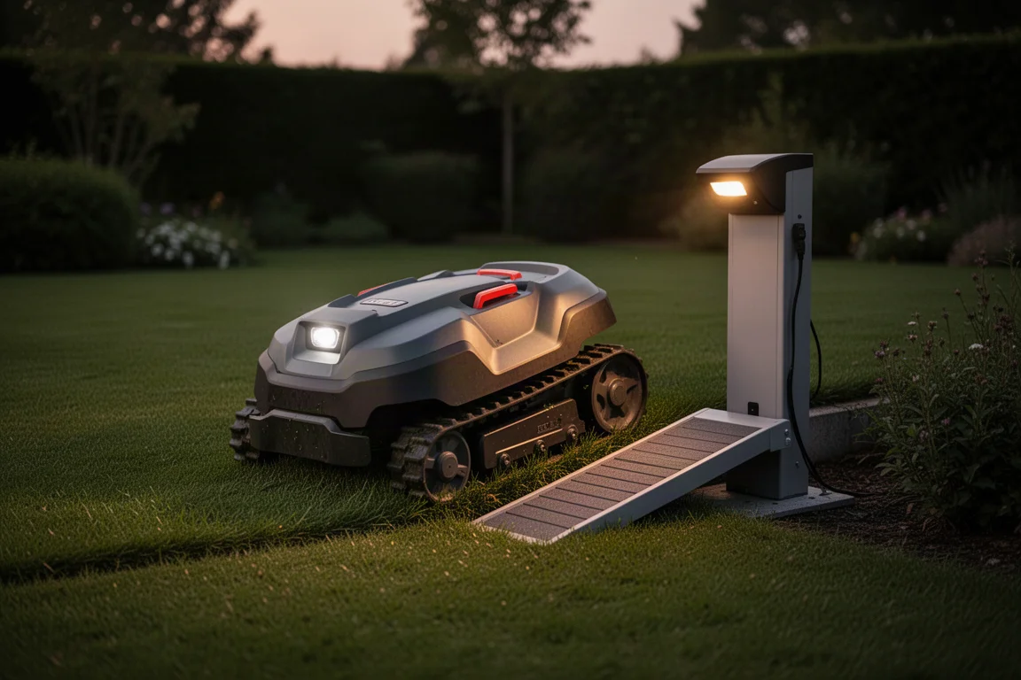 Cortacésped robótico acoplándose a su rampa de carga al atardecer