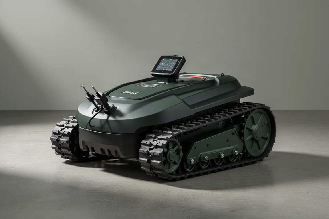 Robot tagliaerba cingolato fotografato da un angolo di tre quarti su cemento