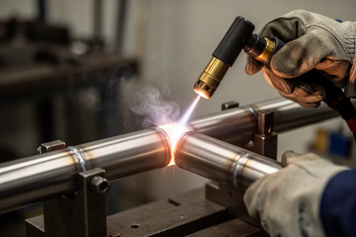 Saldatura TIG di un tubo in acciaio inox con bagno di saldatura luminoso