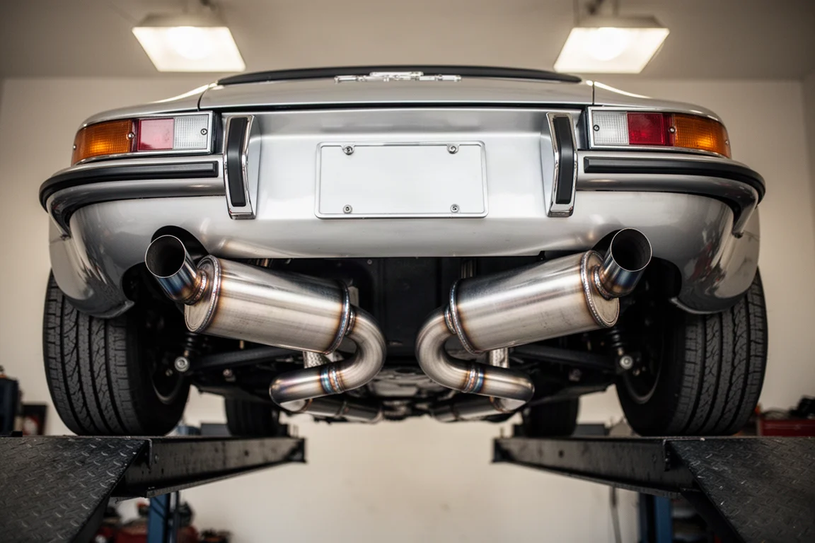 Silenziatori in acciaio inox modificati rimontati su un'auto sportiva d'epoca