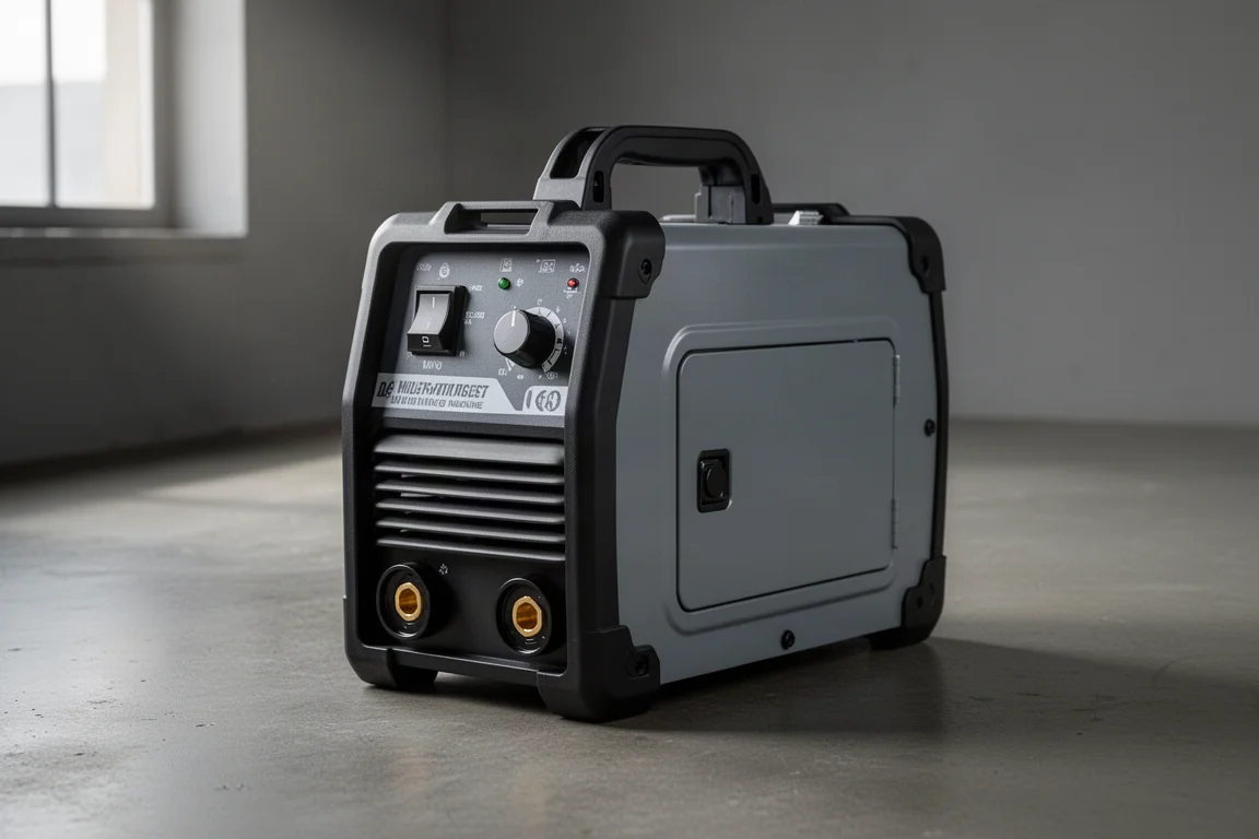 Compact multi-process welding machine on a concrete workshop floor