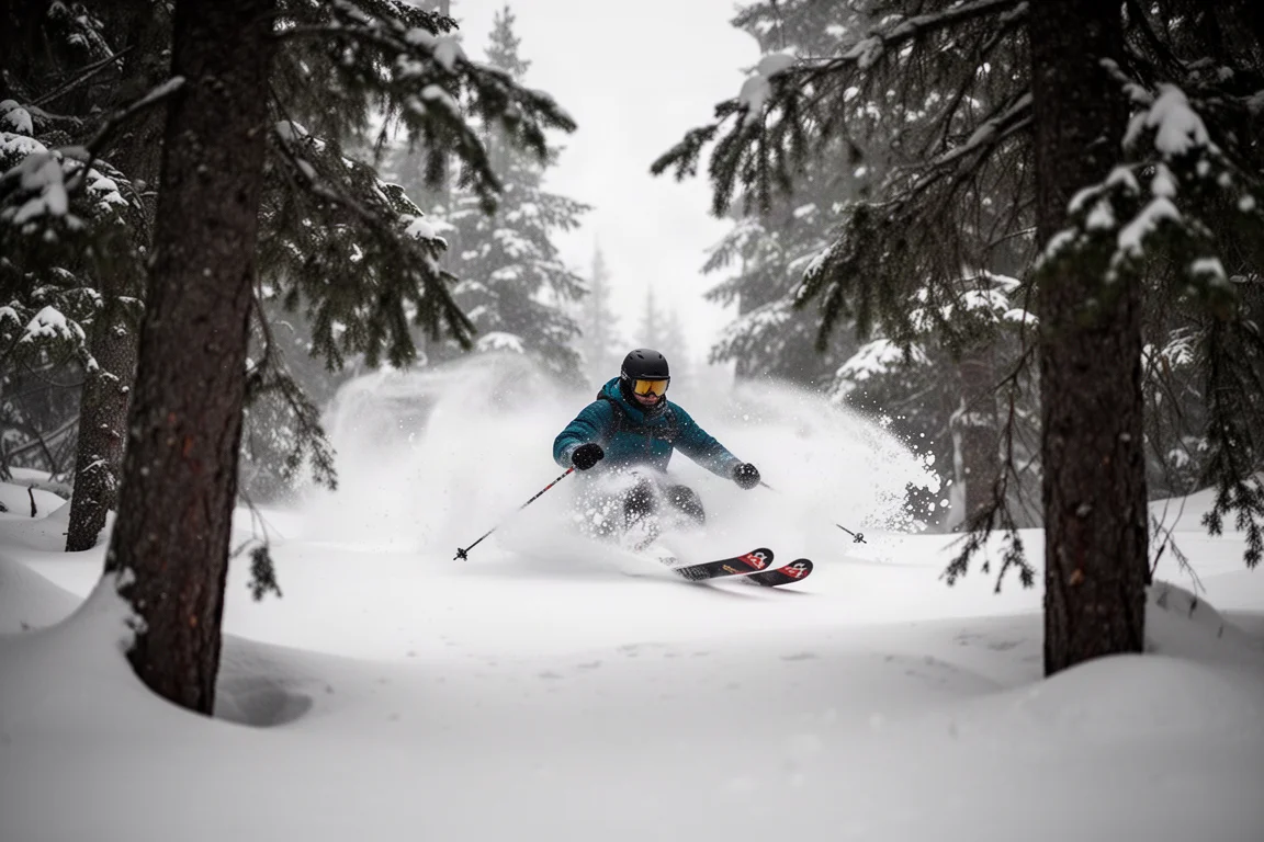 Skier drifting through a tight tree line in soft fresh snow