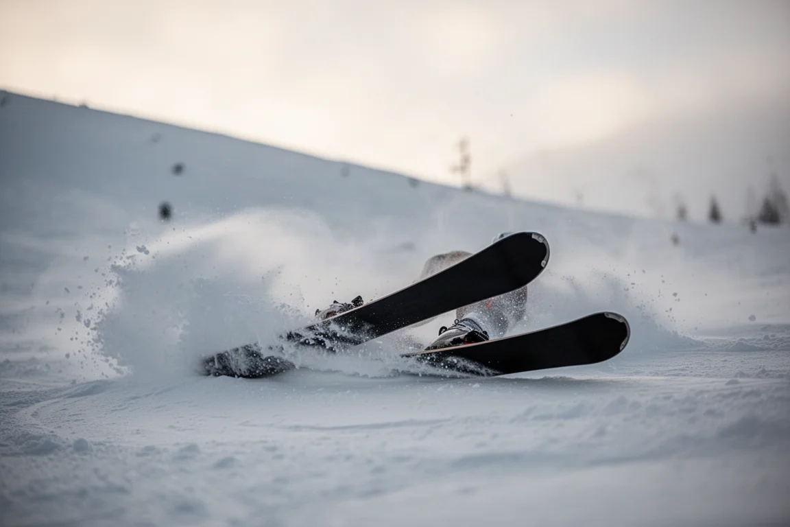 Close-up of a wide ski tip with long rocker resting on powder snow