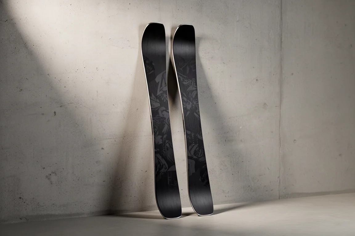 Pair of wide freeride skis standing upright on a neutral grey studio backdrop
