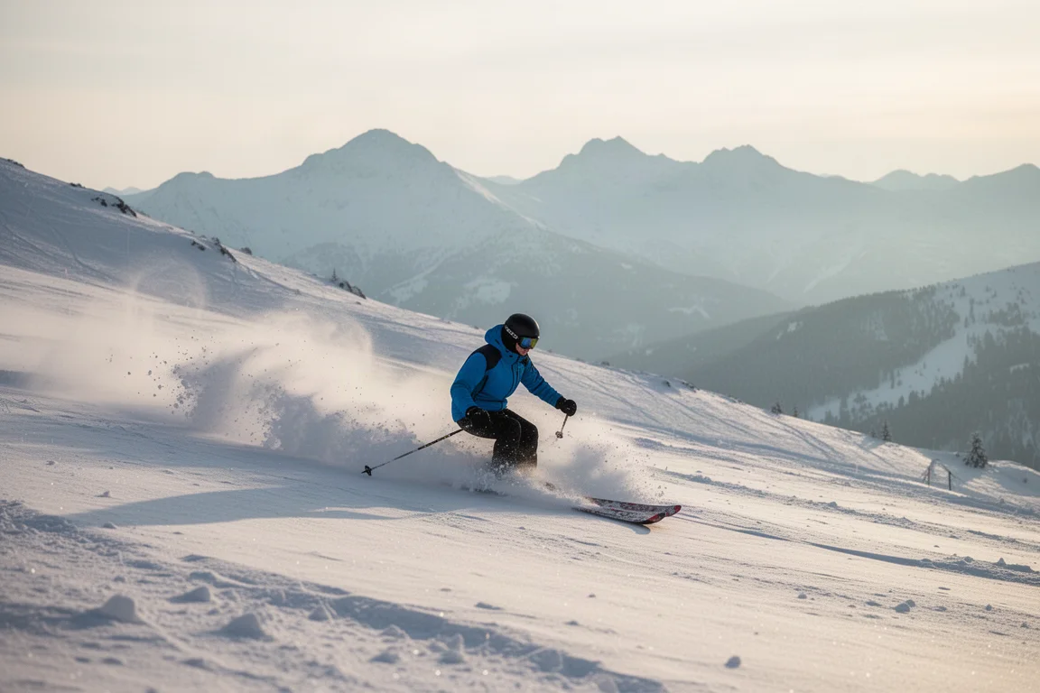 Sciatore che intaglia una lunga curva nella neve fresca profonda su una discesa alpina aperta
