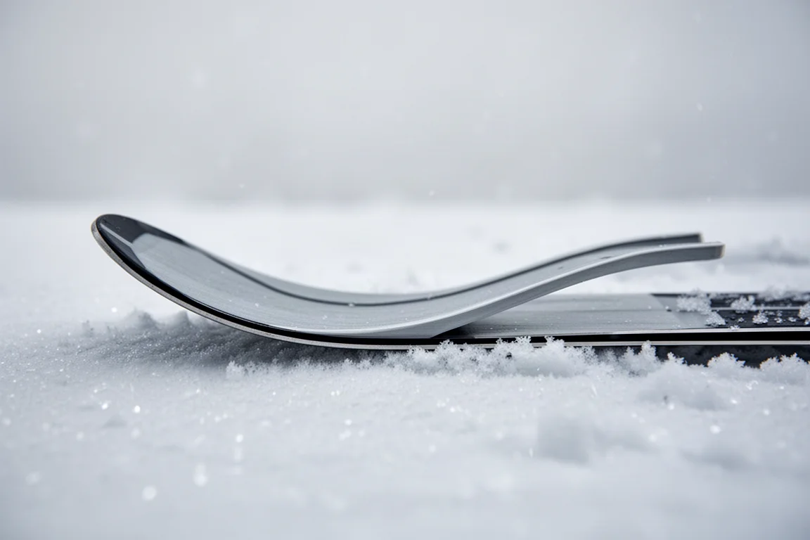Profilo laterale in primo piano di una punta di sci larga che mostra la curva del rocker sulla neve compatta