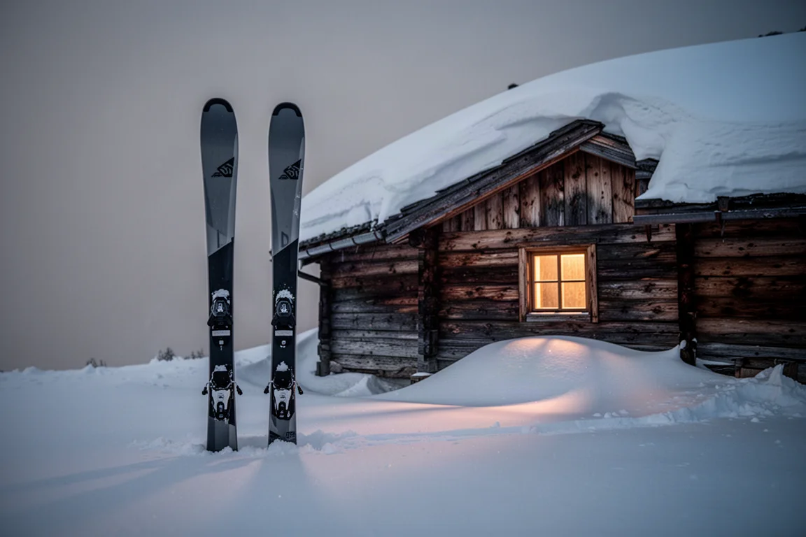 Due sci twin tip larghi in piedi sulla neve fresca accanto a una baita di legno al crepuscolo