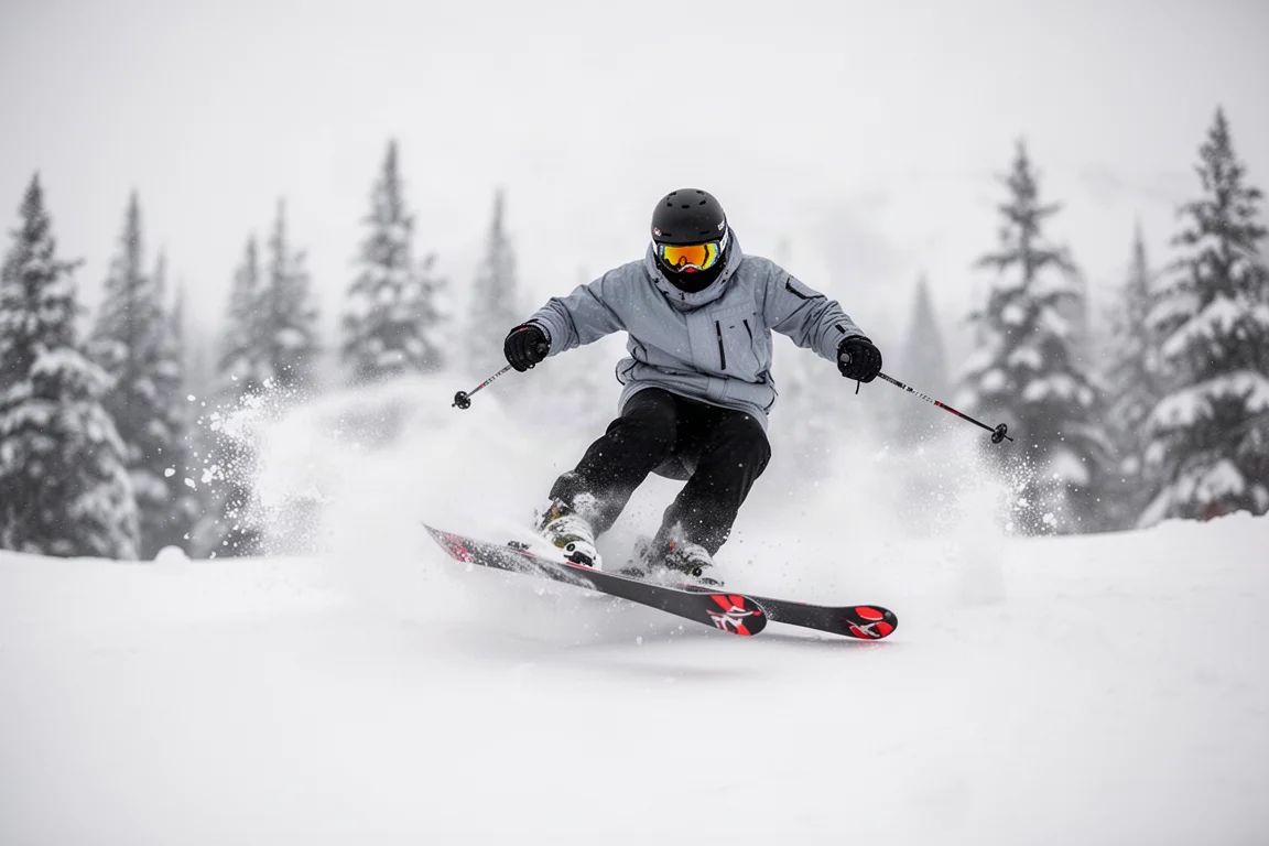 Skier buttering and spinning off a powder ledge in fresh snow