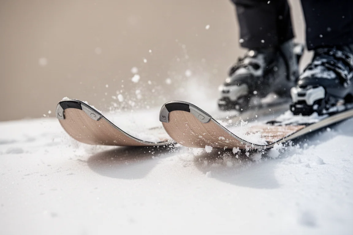 Close-up of ski tips flexed against snow during a ground trick