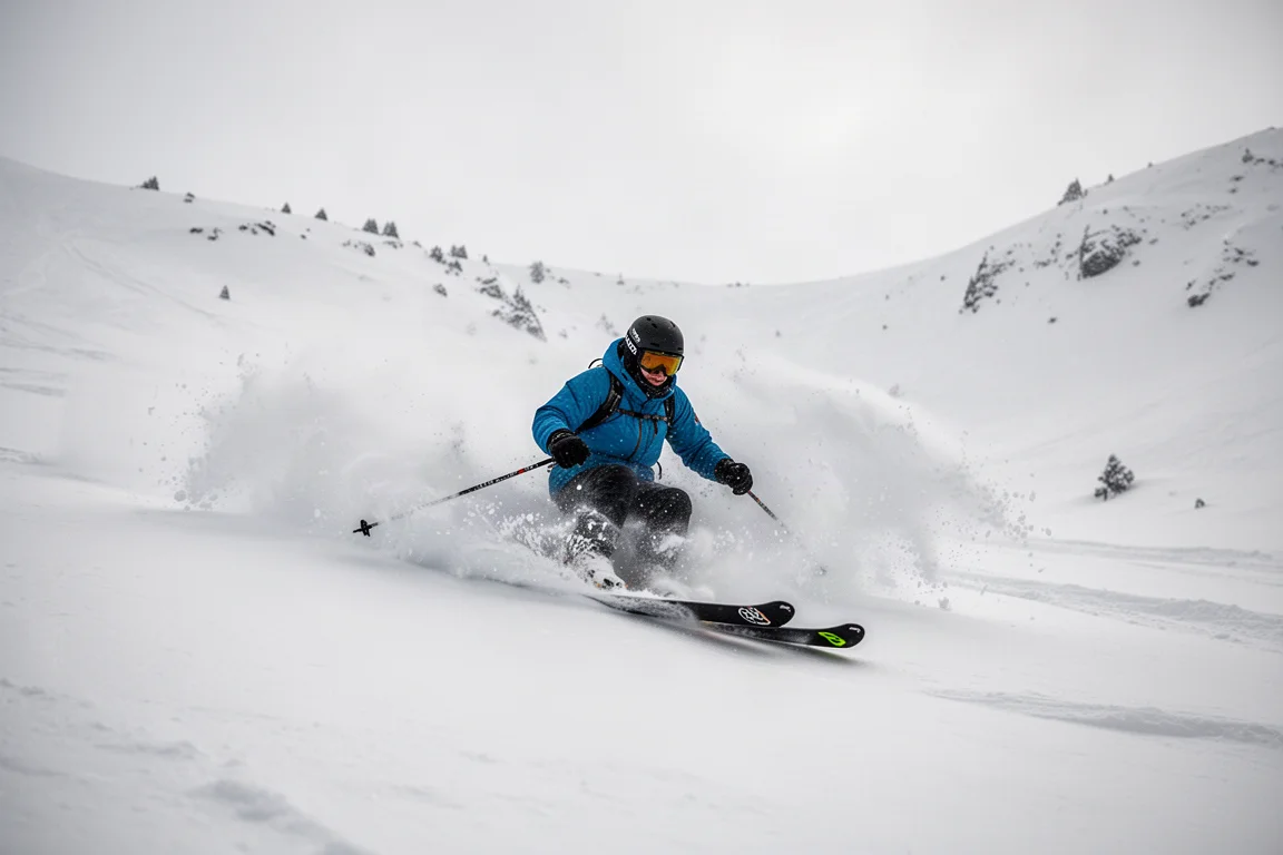 Skier charging through deep snow on wider skis
