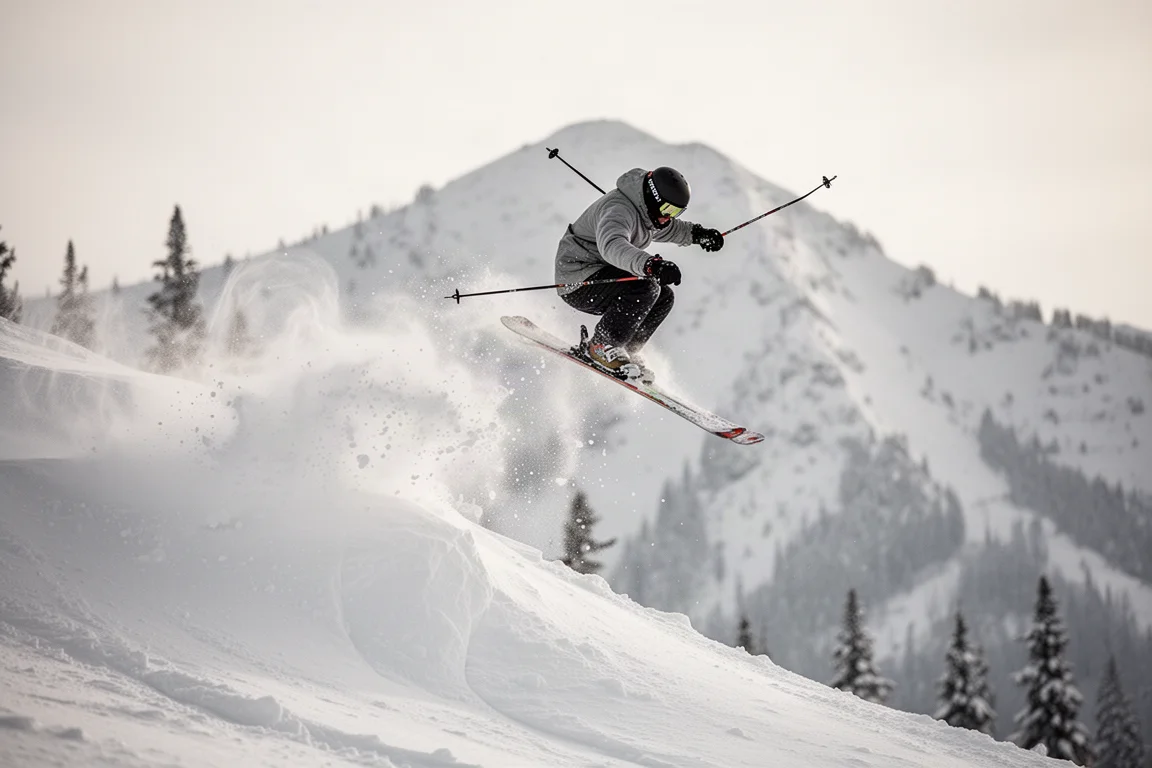 Skier landing switch off a backcountry jump in powder